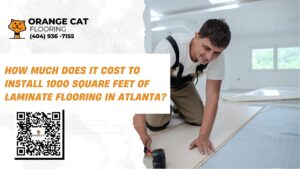 A flooring professional installing laminate flooring in a modern room, accompanied by the Orange Cat Flooring logo, contact information, and a QR code.